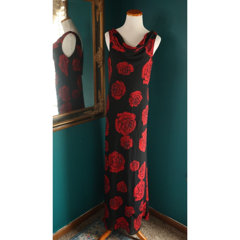 VintageY2K Betsy Adam Beaded Prom Dress Maxi Gown Rose Fairy Vamp Whimsigoth 12